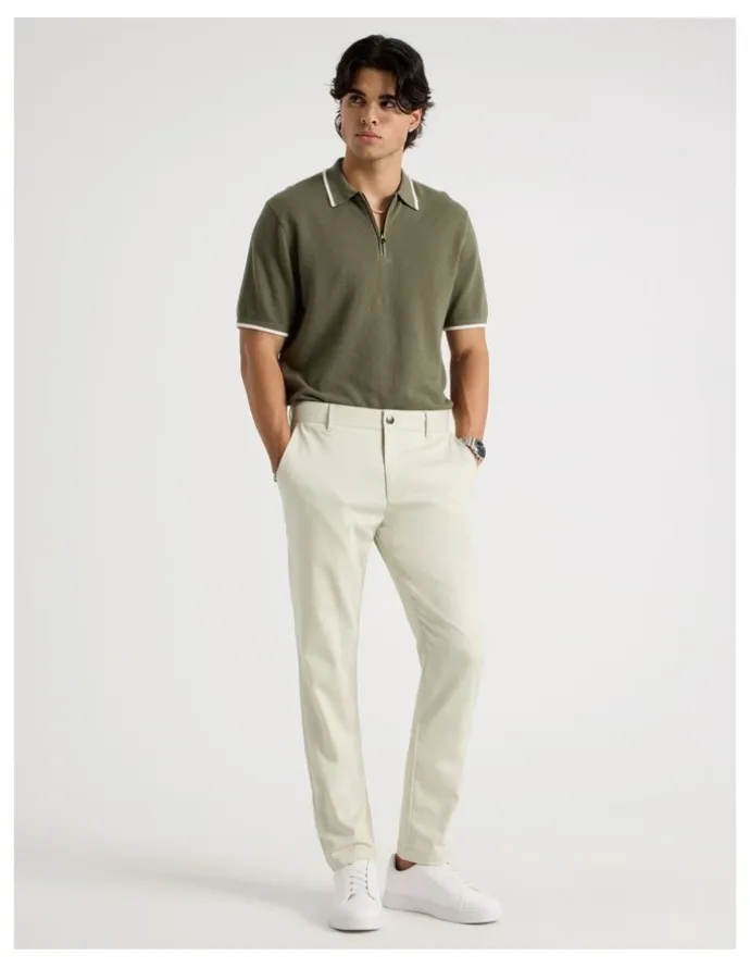 Blaq Cotton Silk Blend Zip Short Sleeve Polo in Khaki