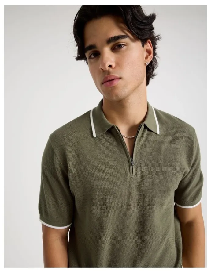 Blaq Cotton Silk Blend Zip Short Sleeve Polo in Khaki