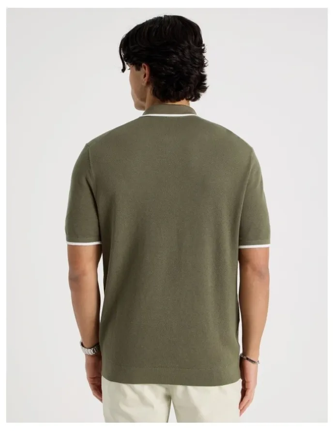 Blaq Cotton Silk Blend Zip Short Sleeve Polo in Khaki