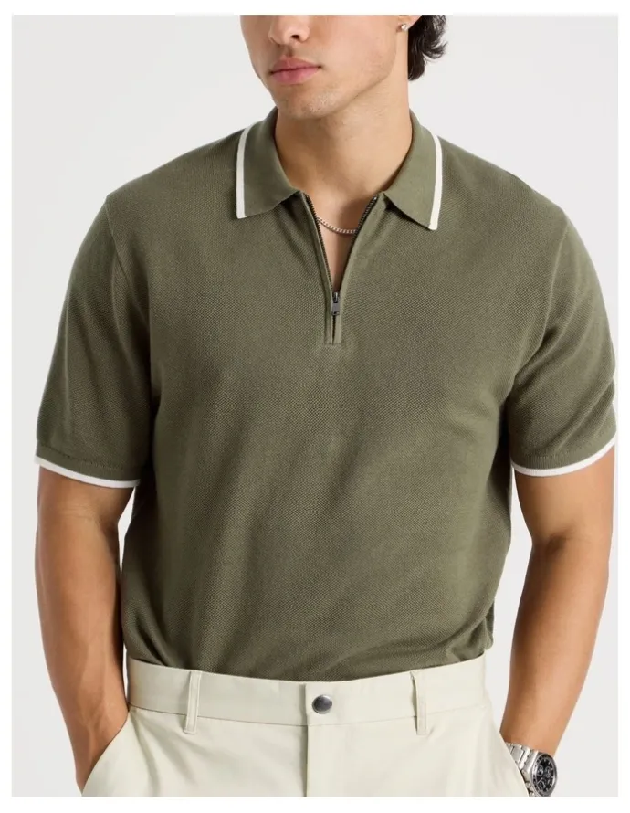 Blaq Cotton Silk Blend Zip Short Sleeve Polo in Khaki