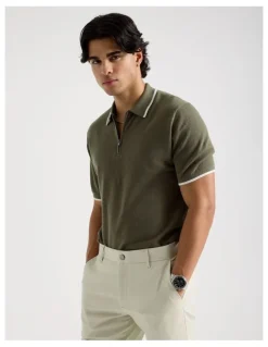 Blaq Cotton Silk Blend Zip Short Sleeve Polo in Khaki