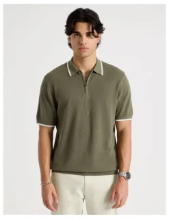 Blaq Cotton Silk Blend Zip Short Sleeve Polo in Khaki