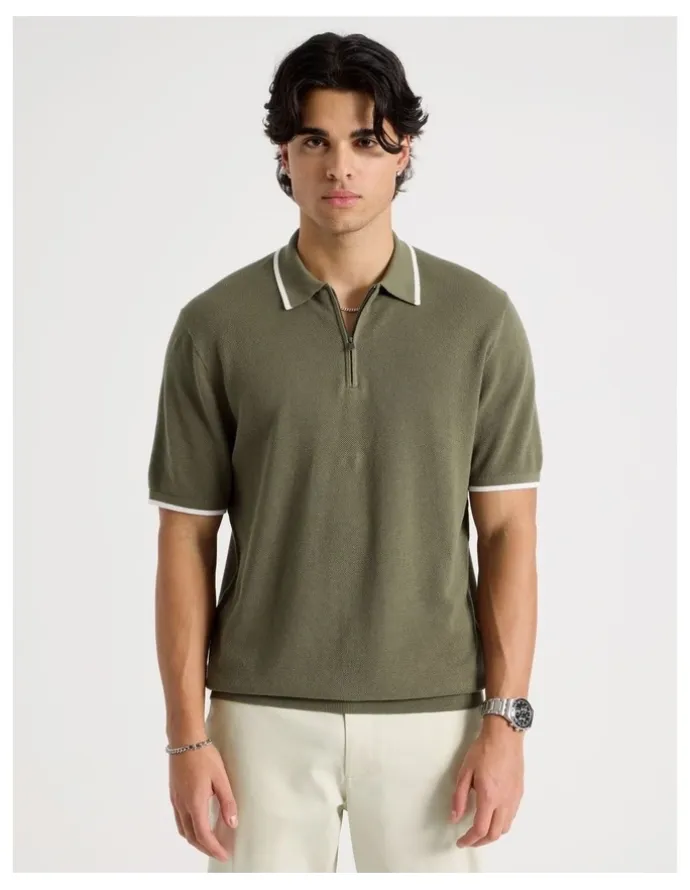 Blaq Cotton Silk Blend Zip Short Sleeve Polo in Khaki
