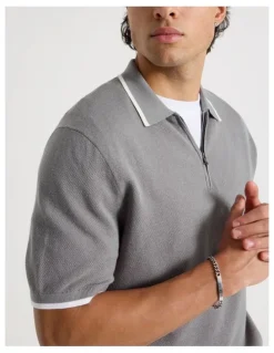 Blaq Cotton Silk Blend Zip Short Sleeve Polo in Grey