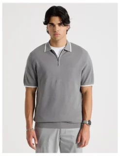 Blaq Cotton Silk Blend Zip Short Sleeve Polo in Grey