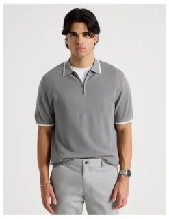 Blaq Cotton Silk Blend Zip Short Sleeve Polo in Grey