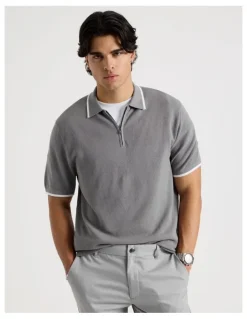 Blaq Cotton Silk Blend Zip Short Sleeve Polo in Grey