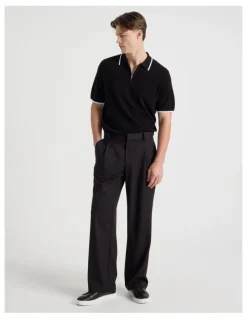 Blaq Cotton Silk Blend Zip Short Sleeve Polo in Black