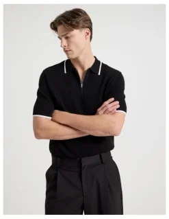 Blaq Cotton Silk Blend Zip Short Sleeve Polo in Black