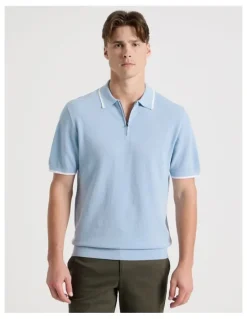 Blaq Cotton Silk Blend Zip Short Sleeve Polo in Light Blue