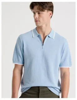 Blaq Cotton Silk Blend Zip Short Sleeve Polo in Light Blue