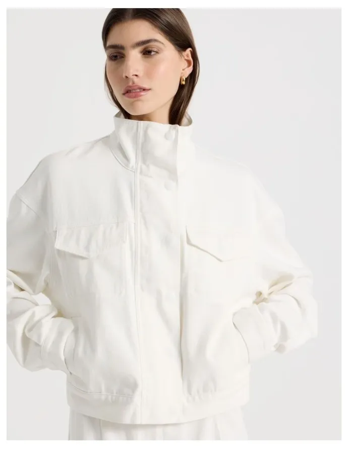 Blaq Denim Funnel Neck Jacket in Ivory