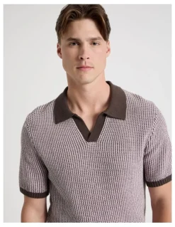 Blaq Geo Stitch Open Collar Knit Polo in Chocolate