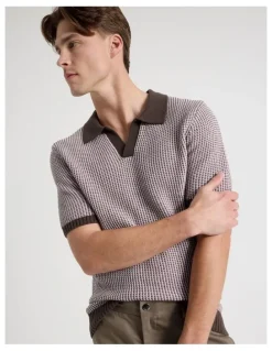 Blaq Geo Stitch Open Collar Knit Polo in Chocolate