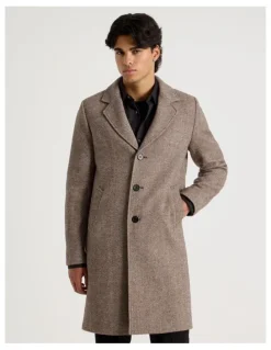 Blaq Herringbone Wool Blend Coat in Brown