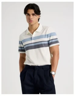 Blaq Jersey Chest Stripe Polo in Ecru