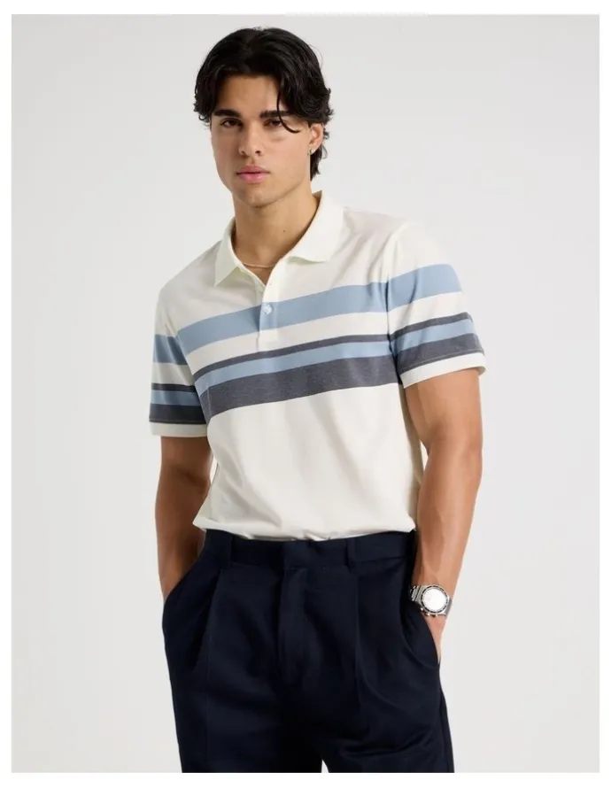 Blaq Jersey Chest Stripe Polo in Ecru
