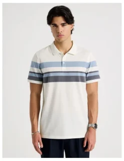 Blaq Jersey Chest Stripe Polo in Ecru