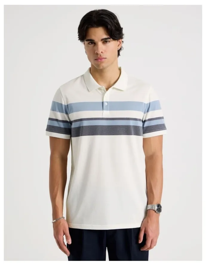 Blaq Jersey Chest Stripe Polo in Ecru