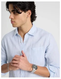 Blaq Linen Stripe Long Sleeve Shirt in Light Blue