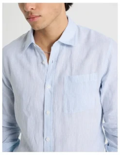 Blaq Linen Stripe Long Sleeve Shirt in Light Blue