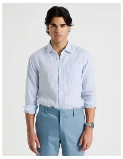 Blaq Linen Stripe Long Sleeve Shirt in Light Blue