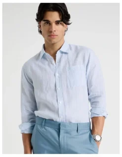 Blaq Linen Stripe Long Sleeve Shirt in Light Blue
