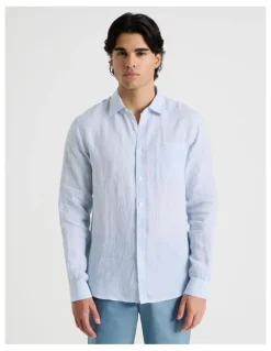 Blaq Linen Stripe Long Sleeve Shirt in Light Blue