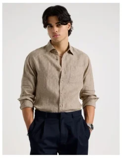 Blaq Linen Stripe Long Sleeve Shirt in Chocolate