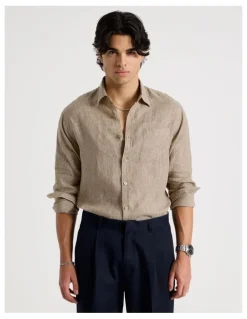 Blaq Linen Stripe Long Sleeve Shirt in Chocolate