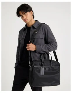 Blaq Nylon And PU Leather Laptop Bag in Black