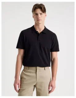 Blaq Rib Knit Collar Short Sleeve Polo in Black