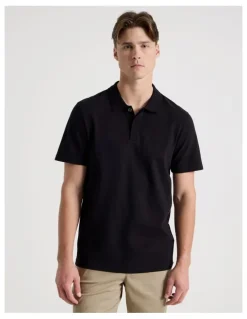 Blaq Rib Knit Collar Short Sleeve Polo in Black