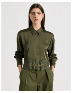 Blaq Satin Lace Trim Cropped Shirt in Khaki