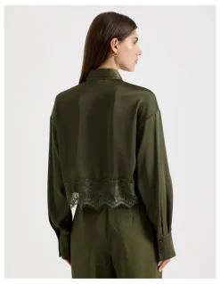 Blaq Satin Lace Trim Cropped Shirt in Khaki