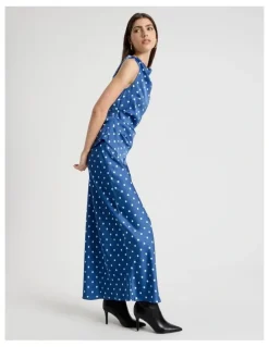 Blaq Satin Maxi Slip Skirt in Blue Spot Print