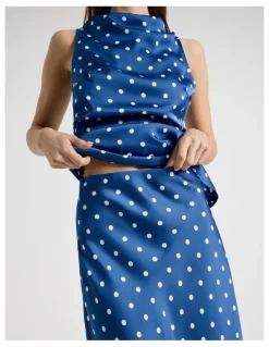 Blaq Satin Maxi Slip Skirt in Blue Spot Print