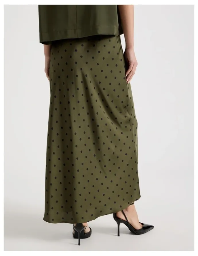 Blaq Satin Maxi Slip Skirt in Olive Spot Print