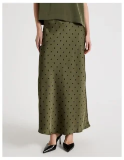 Blaq Satin Maxi Slip Skirt in Olive Spot Print