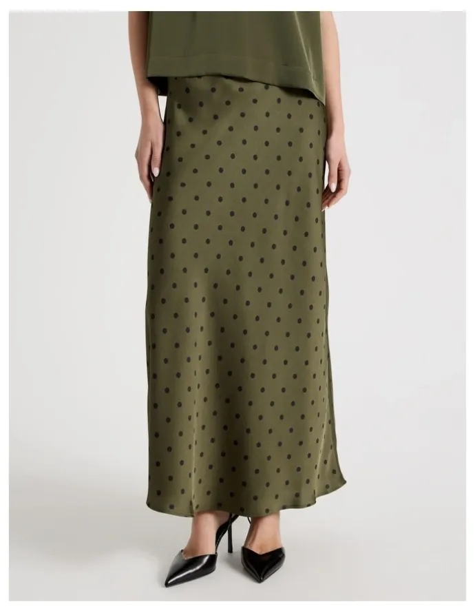 Blaq Satin Maxi Slip Skirt in Olive Spot Print