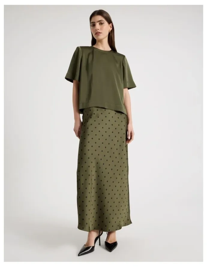 Blaq Satin Maxi Slip Skirt in Olive Spot Print