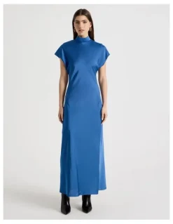 Blaq Satin Mock Neck Midi Dress in Blue
