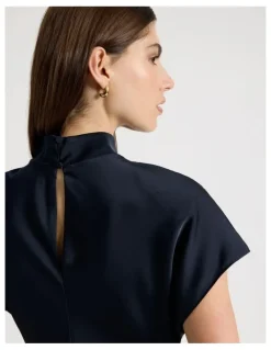 Blaq Satin Mock Neck Midi Dress in Navy