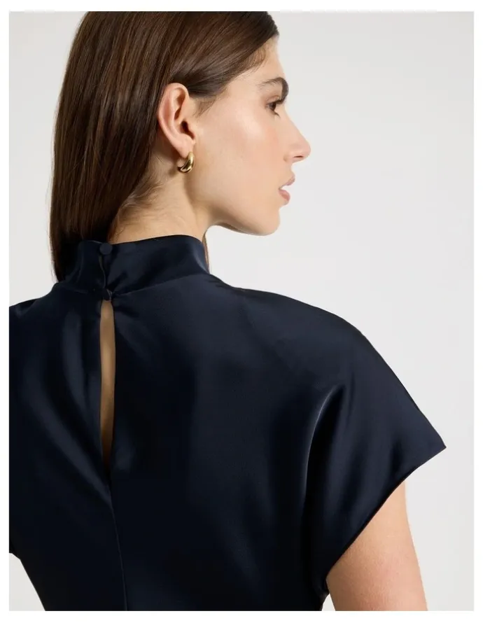 Blaq Satin Mock Neck Midi Dress in Navy