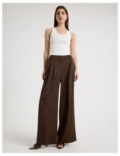 Blaq Satin Pleat Front Wide Leg Pant in Brown