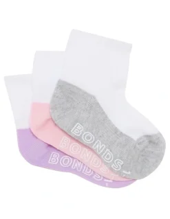 Bonds Baby Baby Logo Lightweight Quarter Crew Socks 3 Pack in Pink