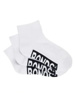 Bonds Kids Logo Cushioned Quarter Crew Socks 3 Pack in White