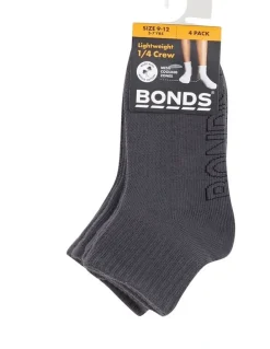 Bonds Logo Light Quarter Crew Socks 4 Pack in School Grey