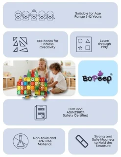 BoPeep Bopeep Kids Magnetic Tiles Blocks Building 100PCS