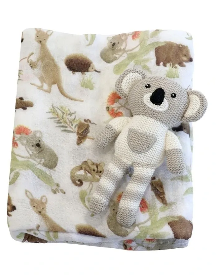 Bubba Blue Aussie Animals Koala Knit Rattle and Muslin Swaddle Set in Grey